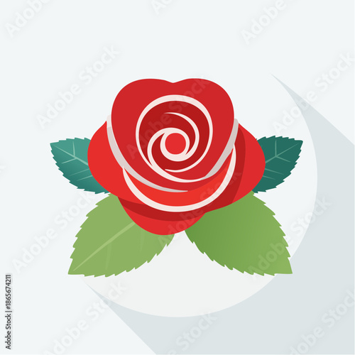 Beautiful red rose with green leaves, a symbol of love and passion, presented in a stylized, flat design