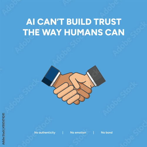 Handshake illustration on a blue background symbolizing the importance of human trust, authenticity, and emotional bonds over artificial intelligence.