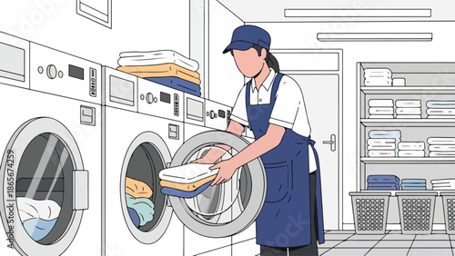 Laundry Attendant Folding Clean Towels in a Commercial Laundry