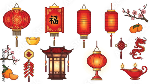 A vibrant collection of traditional Chinese New Year decorations and cultural symbols, offering auspicious elements for festive celebrations and good fortune