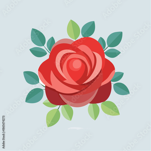 Elegant red rose illustration with green leaves, symbolizing love, beauty, and romance, perfect for invitations, greeting cards, and decorative designs