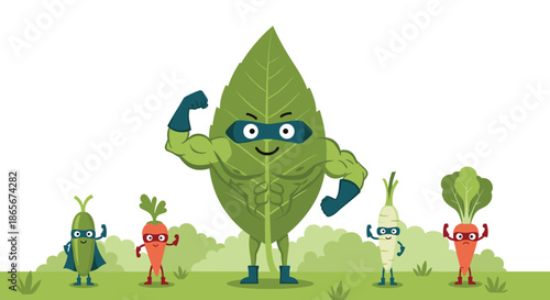 Strong green leaf character with large muscles and a mask standing with small vegetable hero companions in a field.