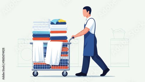 Laundry Attendant Pushes Laundry Cart with Freshly Laundered Clothing