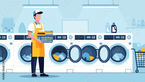 Laundry Attendant with Basket of Clean Clothes in a Laundromat