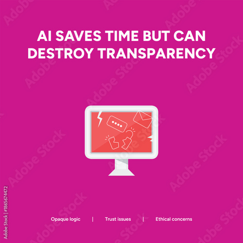 Magenta illustration of a broken computer screen with security icons, highlighting ethical concerns and the lack of transparency in artificial intelligence logic.