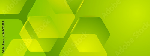 Bright green abstract background with overlapping hexagon shapes. Great for technology, science, or modern design projects needing a vibrant backdrop