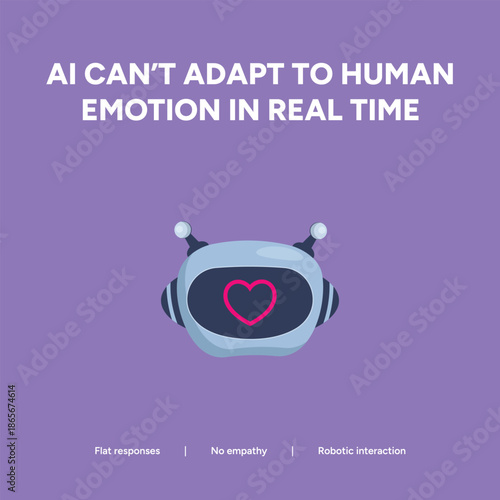 Purple background illustration of a robot with a digital heart, depicting the inability of artificial intelligence to process real-time human emotion and empathy.