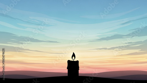 Silhouette of a burning candle against a colorful sunset sky representing hope remembrance and peace vector illustration