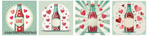 Valentine’s Day Love Soda Bottle Illustration Set — Retro Flat Heart Labels and Decorative Frames