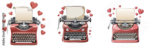 Valentine’s Day Love Letter Typewriter Illustration Set — Romantic Flat Vintage Writing Machines with Hearts