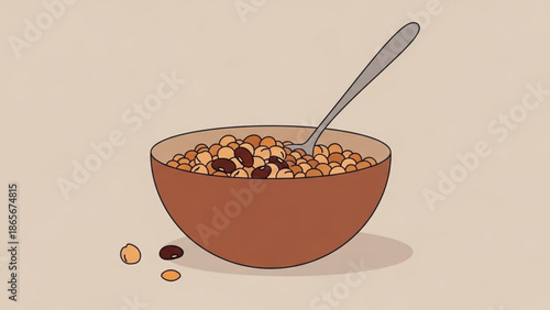 Bowl of cereal with spoon healthy breakfast food illustration simple flat design for morning meal concepts