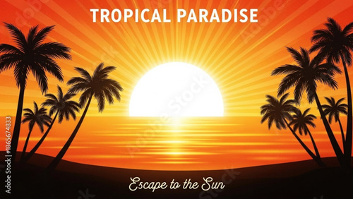 Vibrant tropical sunset with palm trees by serene ocean