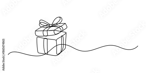 A continuous line drawing of an open gift box with a ribbon Vector, illustration