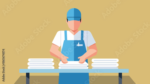 Laundry Worker Folding Clean White Towels on a Table