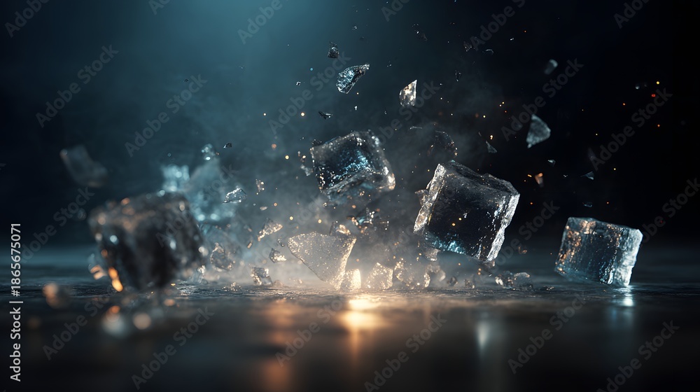 Naklejka premium Textured Ice Cubes on a Wet Surface with Dramatic Sprays and Light