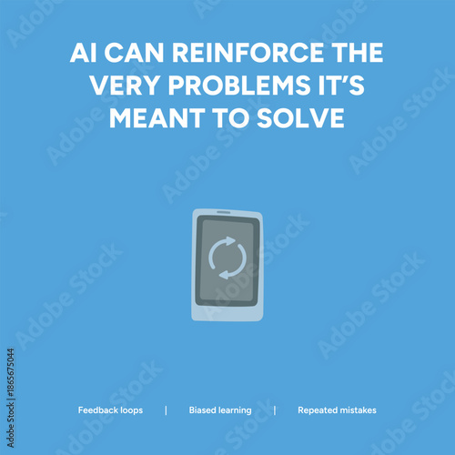 Blue conceptual illustration of a tablet with a loop icon, symbolizing feedback loops, biased learning, and repeated mistakes in artificial intelligence.