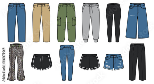 Flat vector illustration set showcasing a wide variety of casual and athletic pants, including jeans, cargo, joggers, leggings, and shorts, for diverse fashion trends