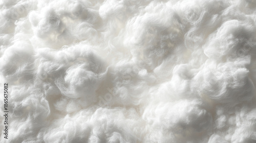 Soft white cotton fiber texture with fluffy cloudlike tufts creating soft cozy feeling and delicate detail in close up