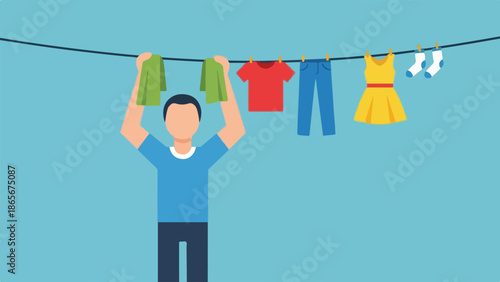 Man Hanging Laundry on Clothesline with Clothes Drying