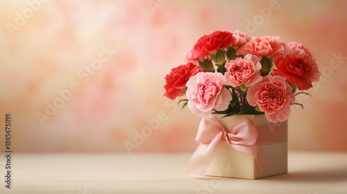 リボン付きボックスに飾られたピンクと赤のカーネーションブーケ