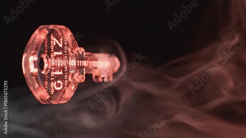 Close-up of a glowing red and orange electronic device with smoke effects on a dark background.