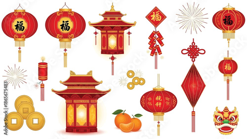 Vibrant collection of traditional Chinese New Year decorations, a festive array of cultural symbols and elements for celebratory designs