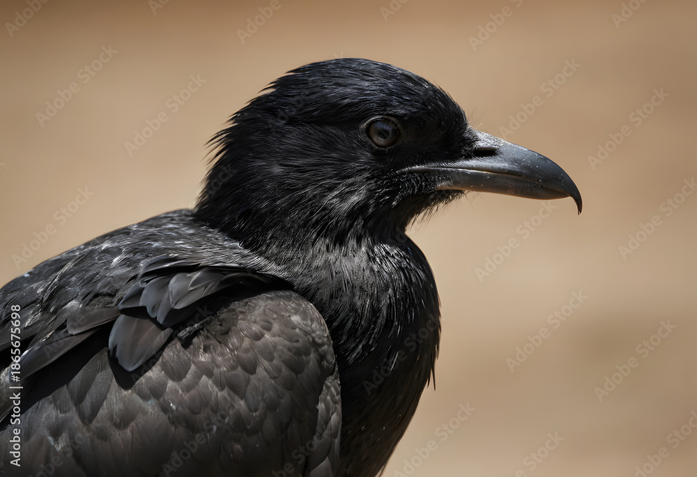 Fototapeta premium Raven head and body showing black feathers close up