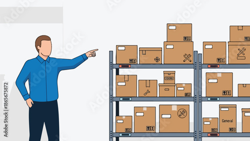 Warehouse with Boxes and Tools, Being Indicated by a Man