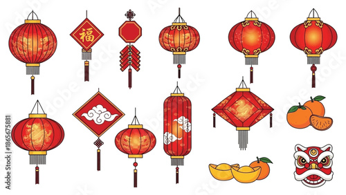 Vibrant collection of traditional Chinese New Year celebration elements, featuring various lanterns, symbols of prosperity, and cultural decorations for festive occasions