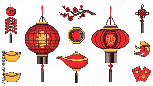 Vibrant collection of traditional Chinese New Year symbols, featuring auspicious red lanterns, firecrackers, golden ingots, and festive decorations, celebrating culture