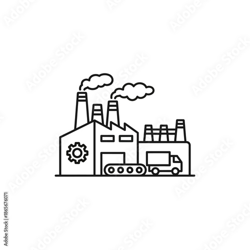 Industrial Factory with Smoke Emissions and Transportation Scene