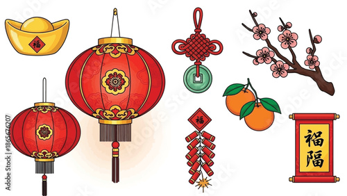 Vibrant Chinese New Year Symbols Collection Traditional Lanterns, Gold Ingots, Firecrackers, and Auspicious Decorations for Festive Celebrations and Prosperity