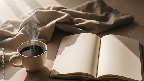 Cozy morning ritual hot coffee and open journal perfect for reflection bathed in warm