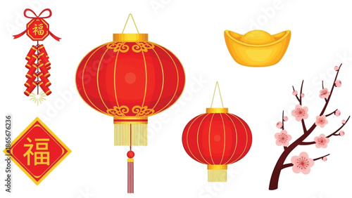 Festive Chinese New Year symbols bundle featuring traditional red lanterns, auspicious firecrackers, a lucky 'Fu' character, and golden ingots, perfect for cultural celebrations