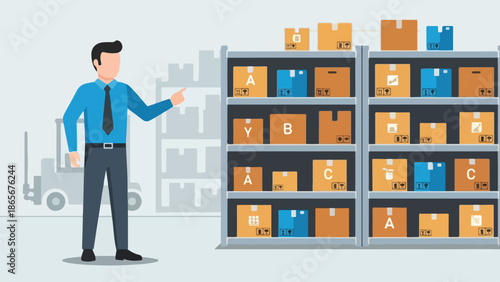 Warehouse Worker Pointing at Stocked Shelves with Packages