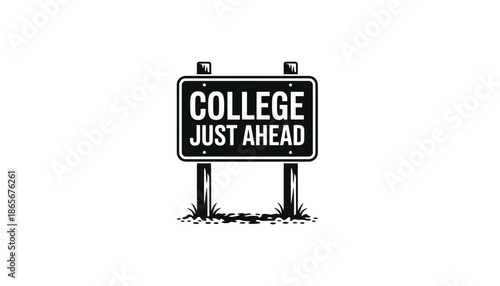 A black and white illustration of a college ahead road sign on a white background