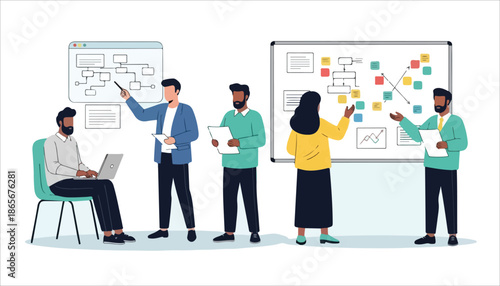 Diverse team of business professionals collaborating on project strategy and data analysis in a modern office environment.