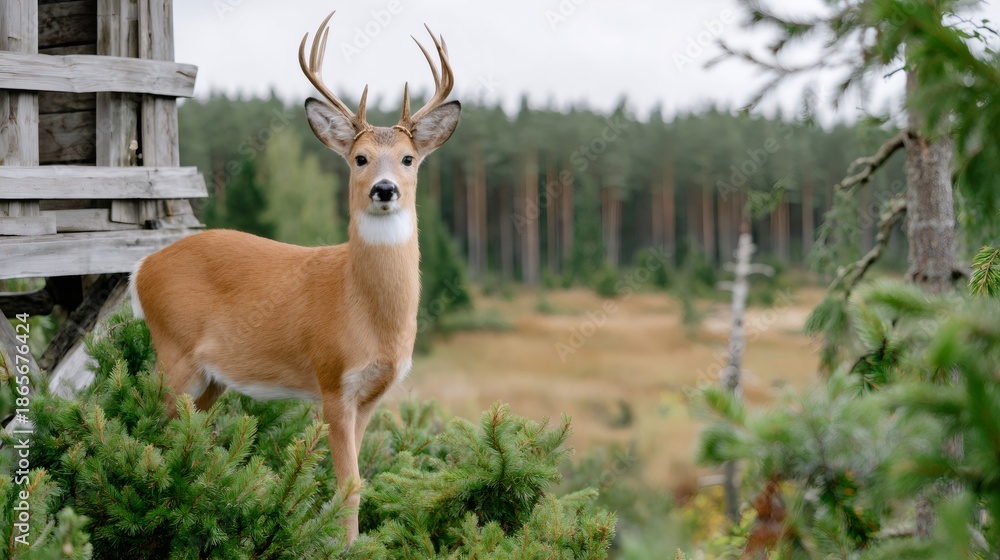 Fototapeta premium Young buck standing by hunting stand in forest