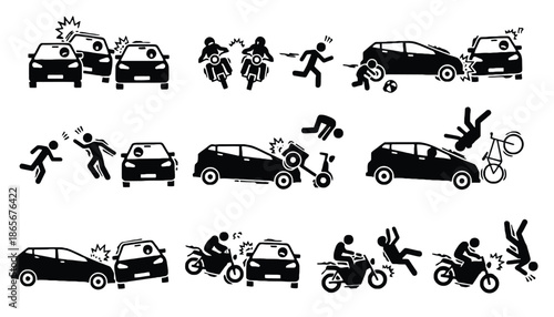 A collection of black and white icons depicting various vehicle accidents and collisions
