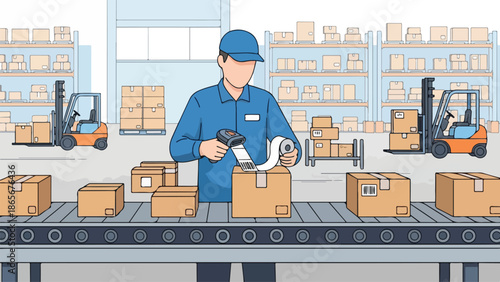 Warehouse Worker Scanning Barcode on Box at Conveyor Belt