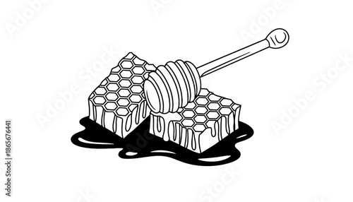 A black and white illustration of honeycomb and a honey dipper