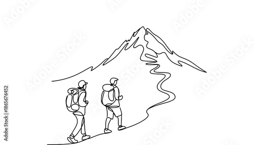 Two hikers walking on a mountain trail with a majestic mountain in the background