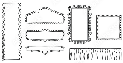 Collection of various hand drawn doodle style decorative frames and borders with whimsical and ornate empty spaces for text or images design elements