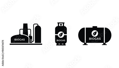 Black and white icons of biogas storage tanks and containers