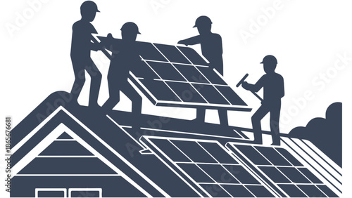 Team of workers installing solar panels on a rooftop for clean energy.