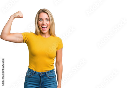 Blonde woman flexing her arm isolated on transparent background to show strength