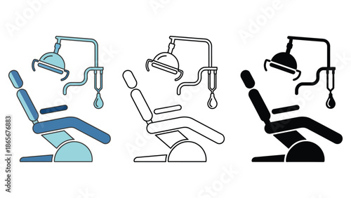 Modern dental chair with overhead light and equipment in three styles