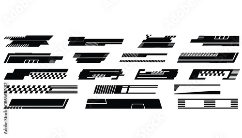A collection of various black and white geometric shapes and lines on a plain background