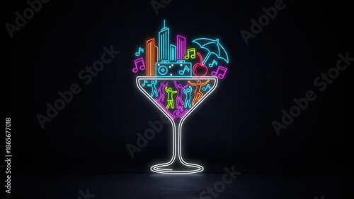 Electrifying urban party scene within a martini glass, bursting with color and musical vibes
