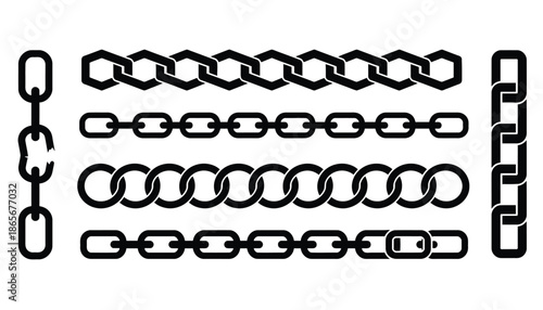 A collection of various chain link designs on a white background